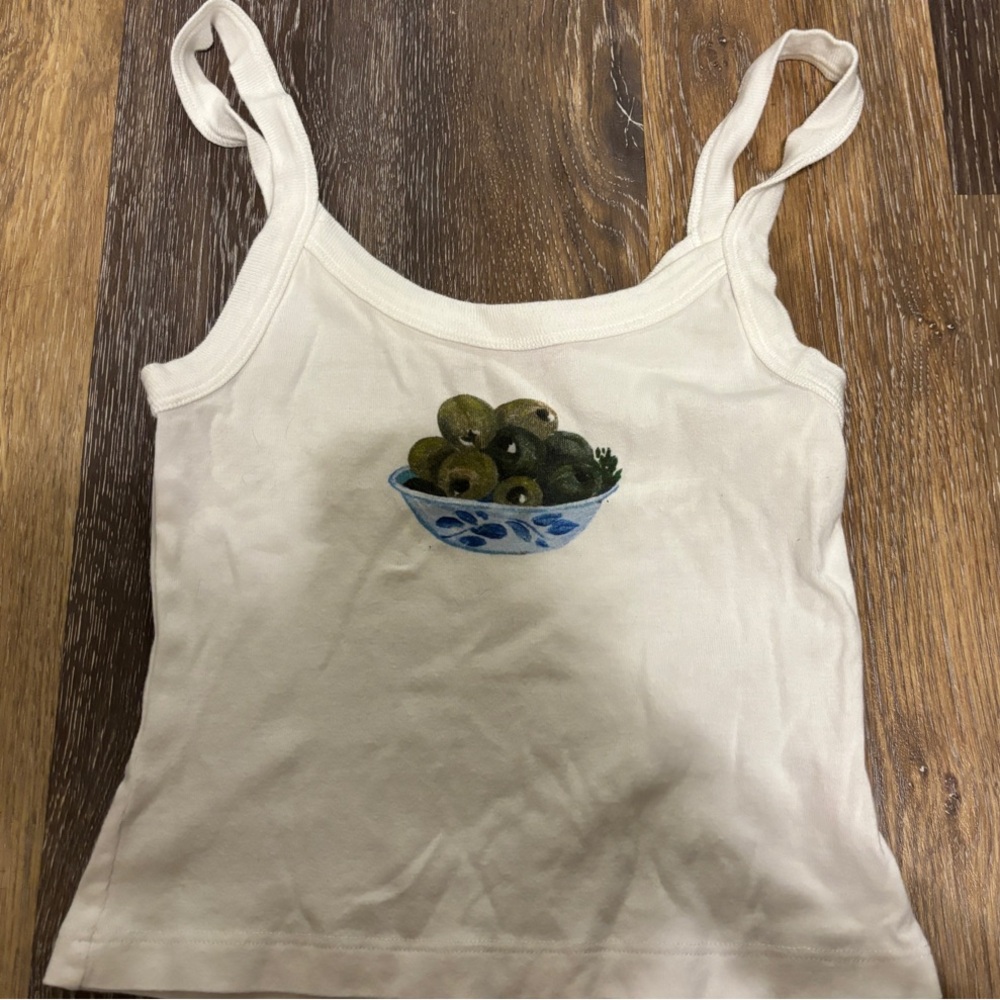 Lisasaysgah Cream Tank Top with Olive Bowl Design
